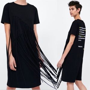 ZARA BLACK FRINGED DRESS WITH SLOGAN. NWT